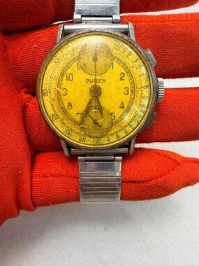 Vintage Buren Chronograph Watch Yellow Dial For Parts Repair Rare From 40s